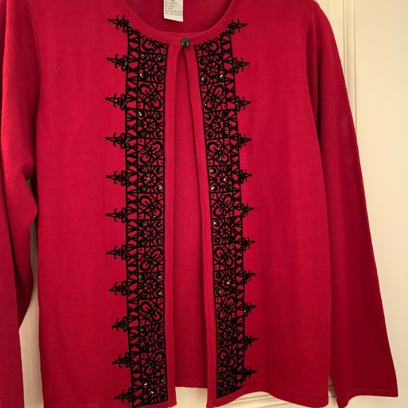 Elegant Ruby Red Sweater set w black jet trim PL Orig $49 MOVING SALE $10 firm - Picture 2 of 7